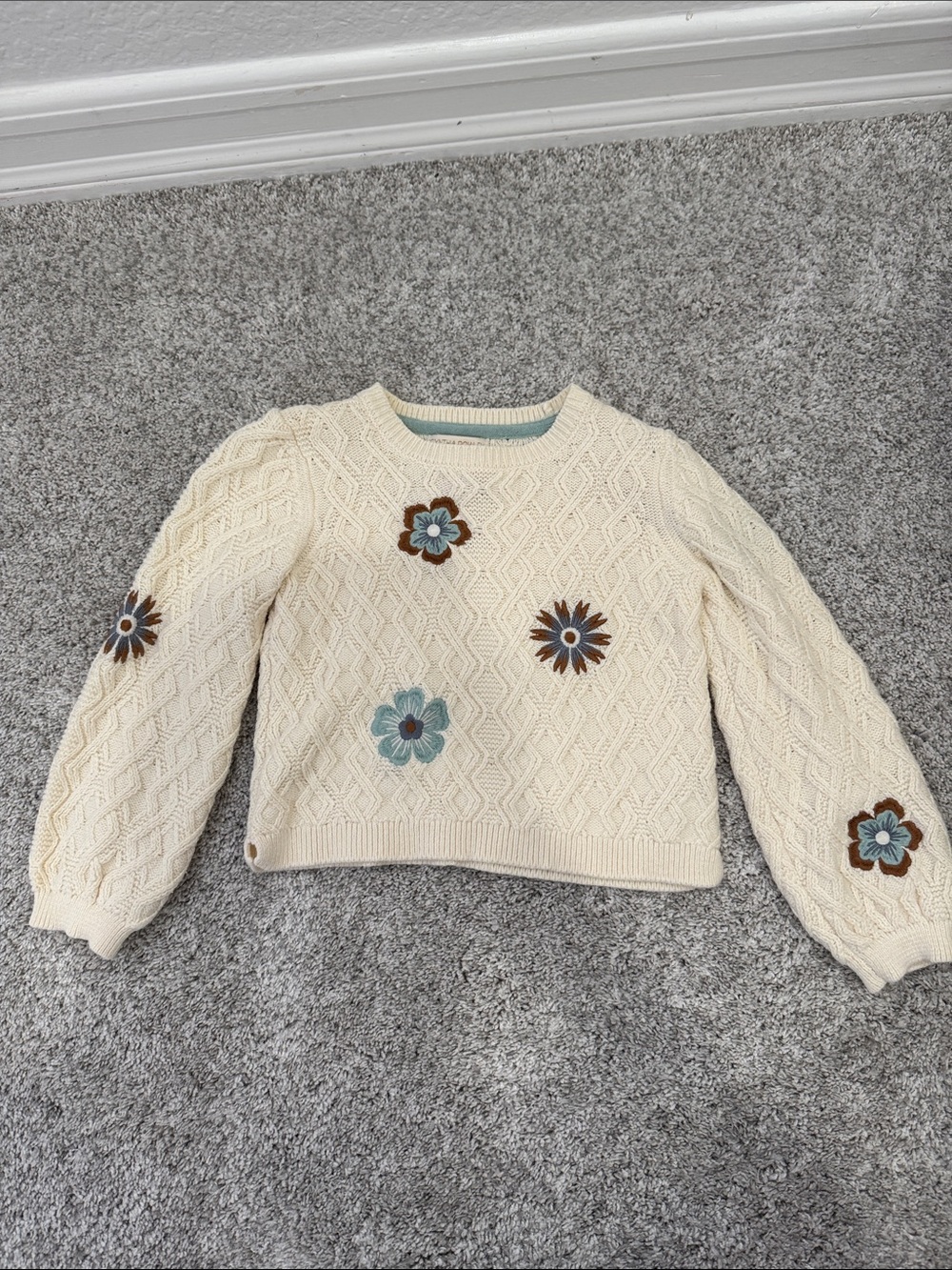 Cynthia Rowley Cream Cable Knit Sweater with Blue & Brown Floral Appliqués